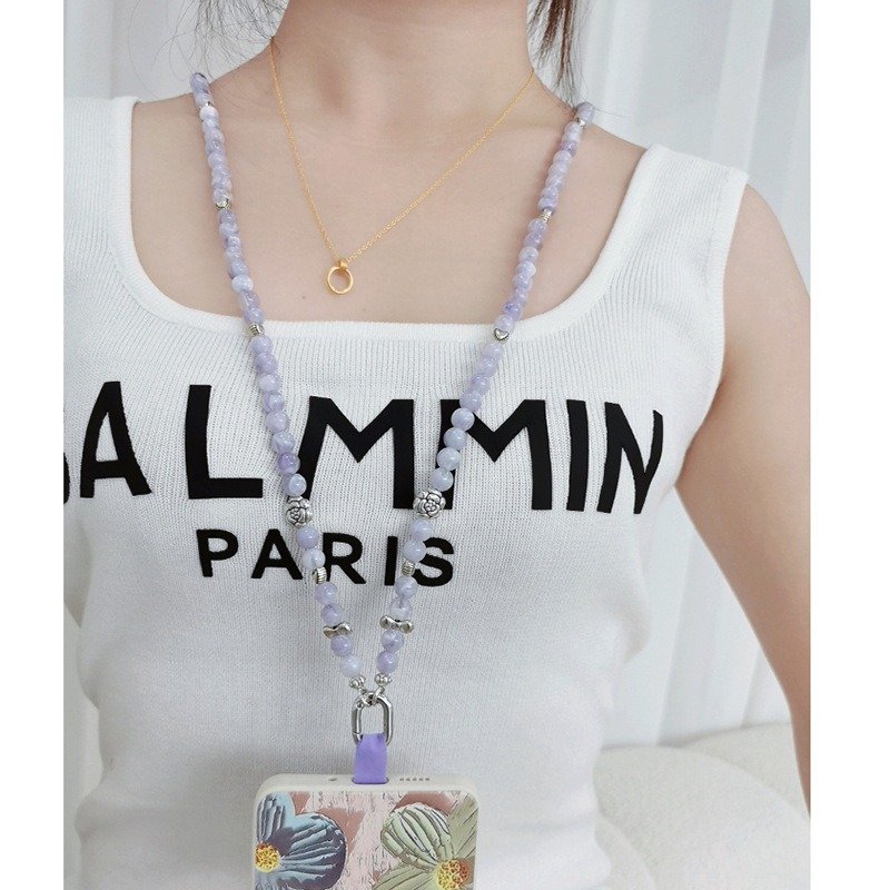 Purple Acrylic Beaded Mobile Phone Crossbody Chain Cell Phone Hanging Accessories Long Smartphone Neck Strap