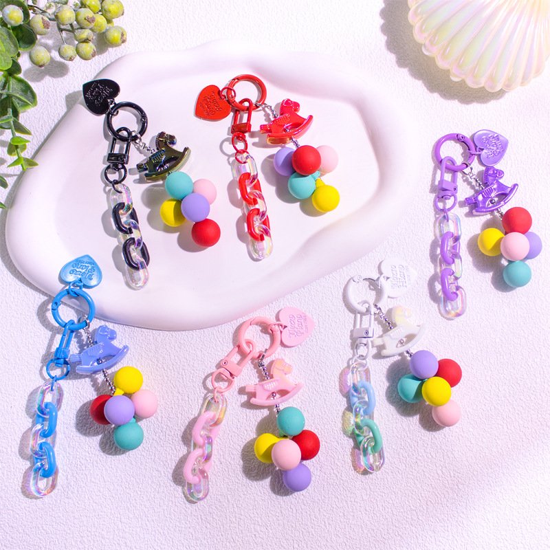 Colorful Round Beads Mobile Phone case pendant 3d Cartoon animal Keychain cute Rocking Horse acrylic Keychains