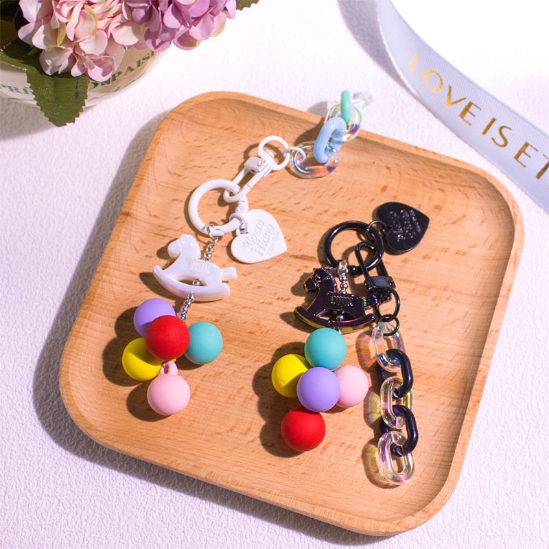 Colorful Round Beads Mobile Phone case pendant 3d Cartoon animal Keychain cute Rocking Horse acrylic Keychains