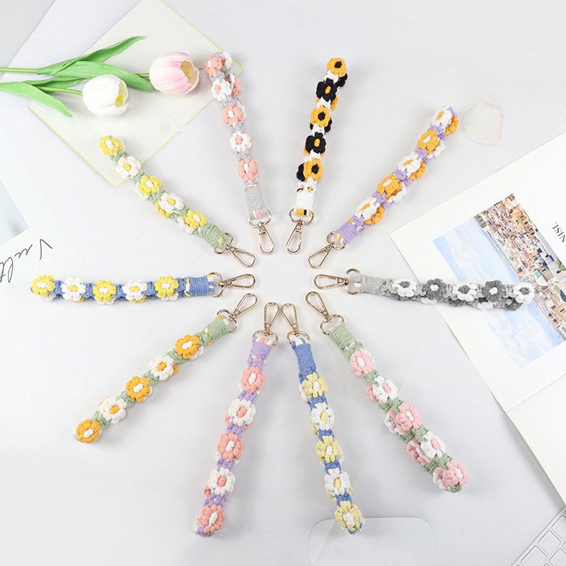 Hand-Woven Diy Mobile Phone Chain Daisy Flower Braided Rope Keychain Bag Charms Pendant Wrist Strap Wristlet Bracelet Key Chains