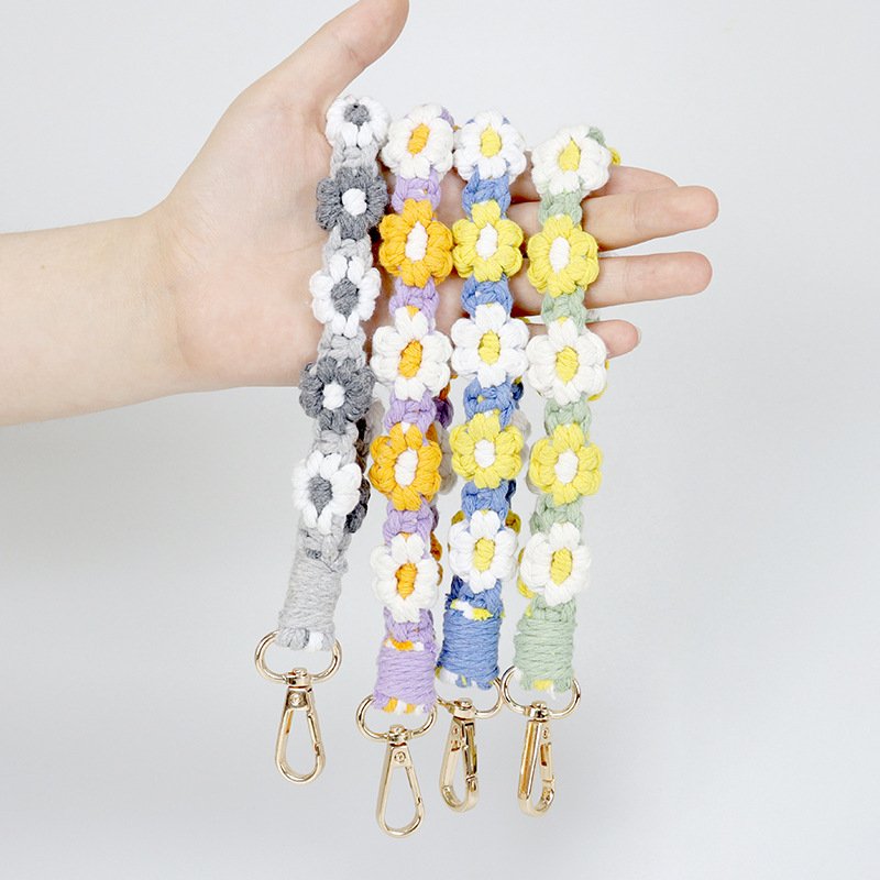 Hand-Woven Diy Mobile Phone Chain Daisy Flower Braided Rope Keychain Bag Charms Pendant Wrist Strap Wristlet Bracelet Key Chains