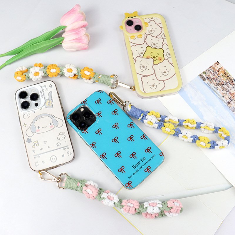 Hand-Woven Diy Mobile Phone Chain Daisy Flower Braided Rope Keychain Bag Charms Pendant Wrist Strap Wristlet Bracelet Key Chains
