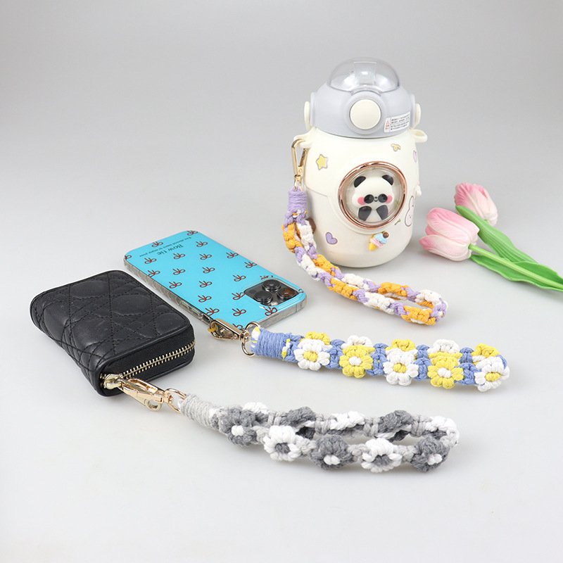 Hand-Woven Diy Mobile Phone Chain Daisy Flower Braided Rope Keychain Bag Charms Pendant Wrist Strap Wristlet Bracelet Key Chains