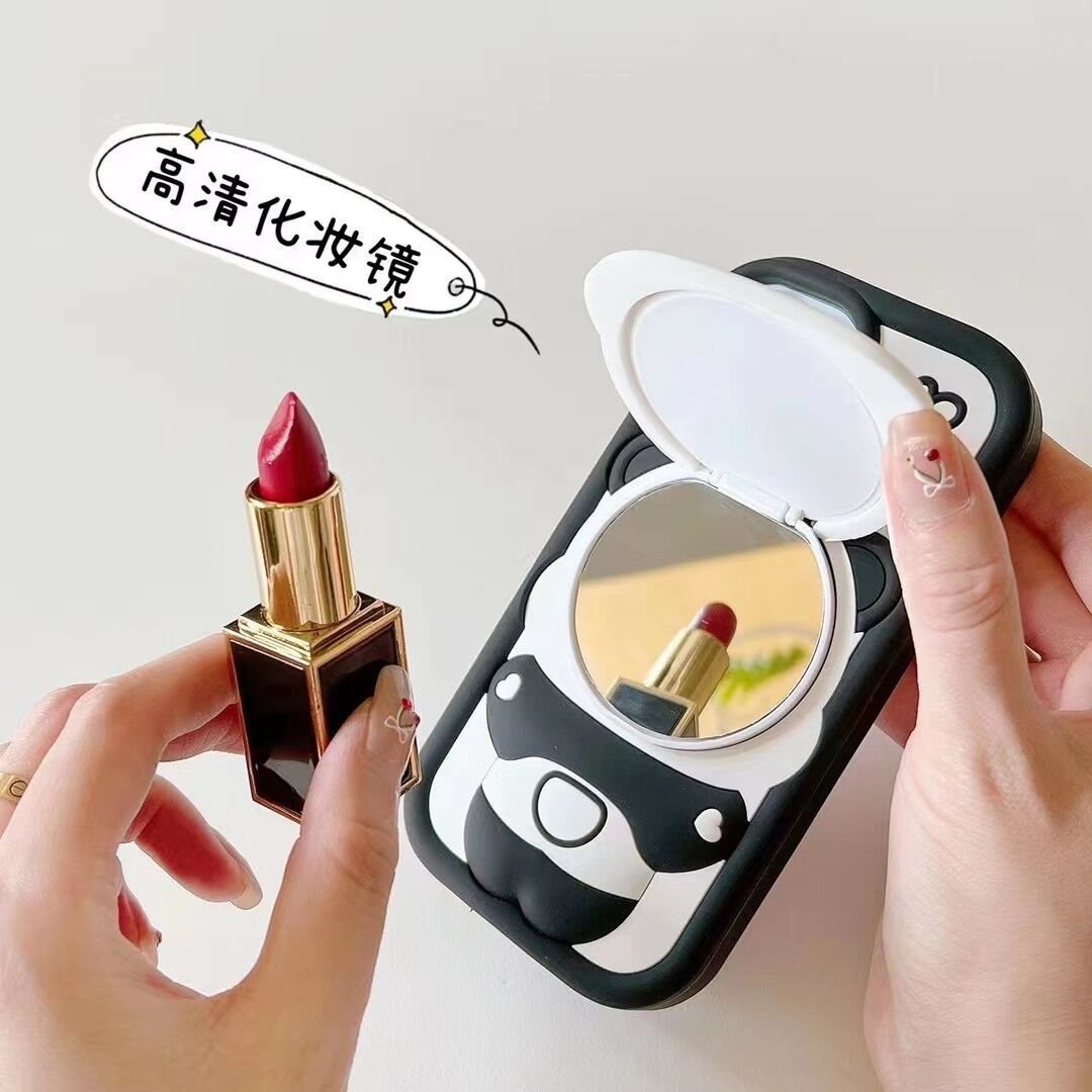 Japan INS 3D Cute Animal Panda Makeup Mirror Bracket Soft Silicone Phone Cases For iPhone 15 Pro Max 12 13 14 Creative Cover