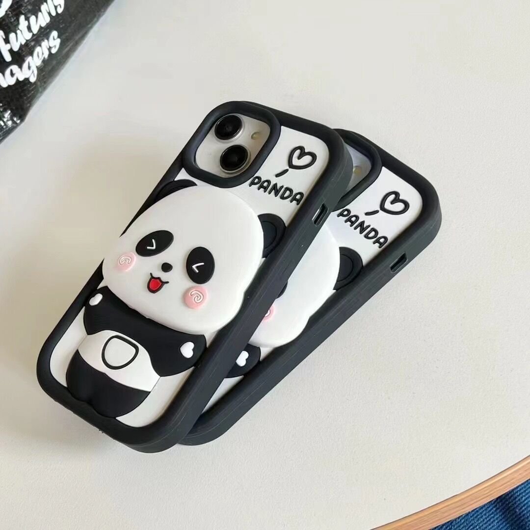 Japan INS 3D Cute Animal Panda Makeup Mirror Bracket Soft Silicone Phone Cases For iPhone 15 Pro Max 12 13 14 Creative Cover