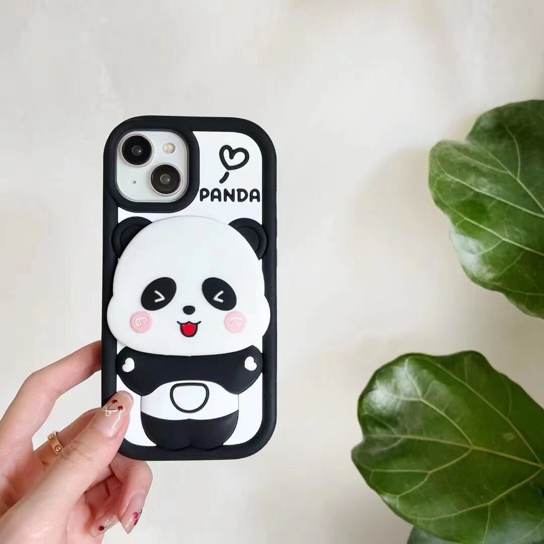 Japan INS 3D Cute Animal Panda Makeup Mirror Bracket Soft Silicone Phone Cases For iPhone 15 Pro Max 12 13 14 Creative Cover
