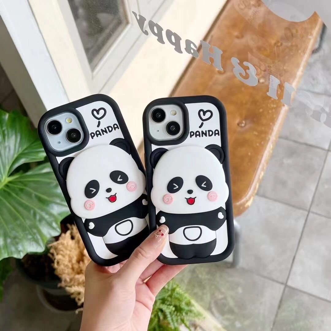 Japan INS 3D Cute Animal Panda Makeup Mirror Bracket Soft Silicone Phone Cases For iPhone 15 Pro Max 12 13 14 Creative Cover