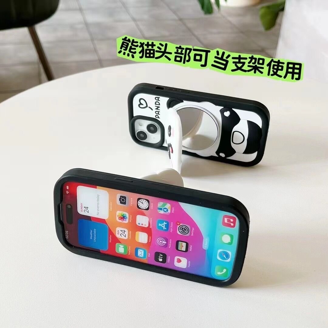 Japan INS 3D Cute Animal Panda Makeup Mirror Bracket Soft Silicone Phone Cases For iPhone 15 Pro Max 12 13 14 Creative Cover