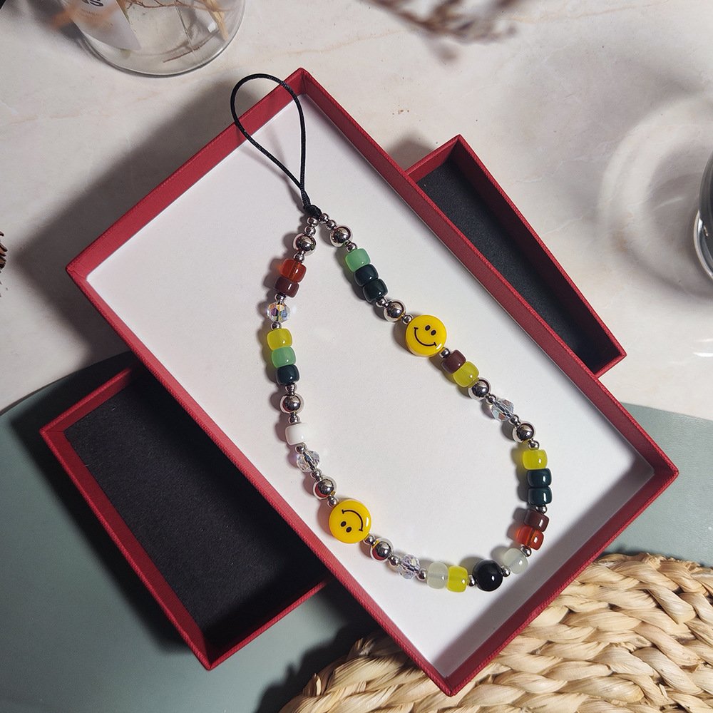 Cute Glass Smile Face Beaded Phone Wrist Hand Strap Bead Lanyard Bracelet Chain Bracelet Phone Case Charms Rope Cord Accessories