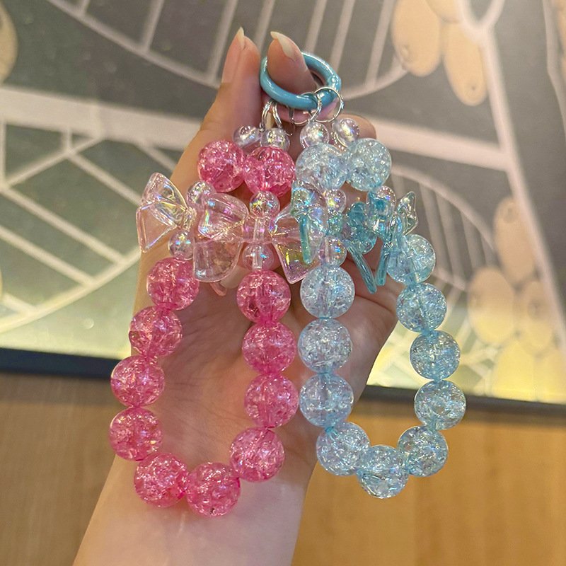 Wholesale Handmade Acrylic Beaded Phone Chain Exquisite Crystal Transparent Bowknot Beaded Keychain Wrist Strap