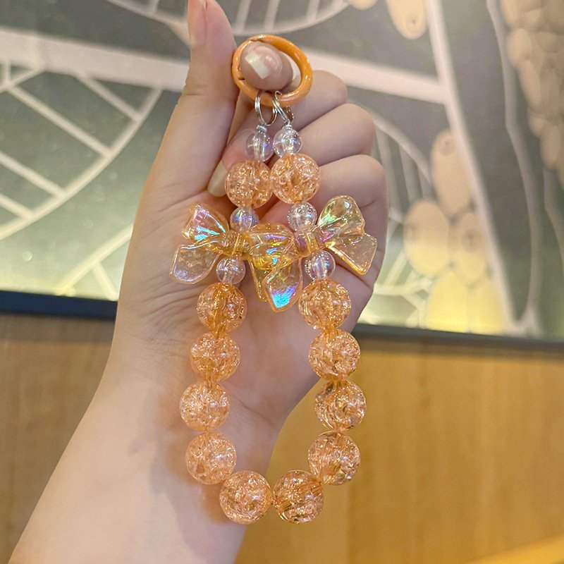 Wholesale Handmade Acrylic Beaded Phone Chain Exquisite Crystal Transparent Bowknot Beaded Keychain Wrist Strap