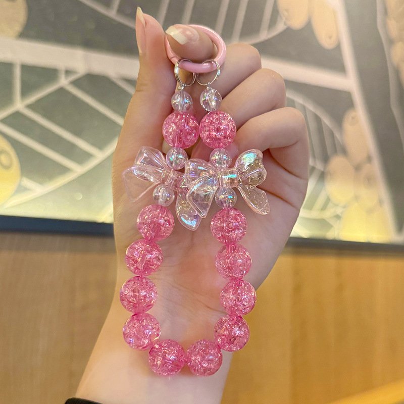 Wholesale Handmade Acrylic Beaded Phone Chain Exquisite Crystal Transparent Bowknot Beaded Keychain Wrist Strap