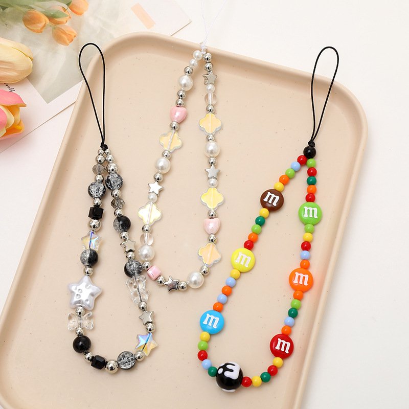 New Cartoon M Bean Beaded Mobile Phone Lange Pearl Star Cellphone Chain ccd Camera Strap Pendant Anti-loss Rope Lanyard