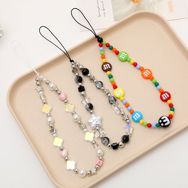 New Cartoon M Bean Beaded Mobile Phone Lange Pearl Star Cellphone Chain ccd Camera Strap Pendant Anti-loss Rope Lanyard