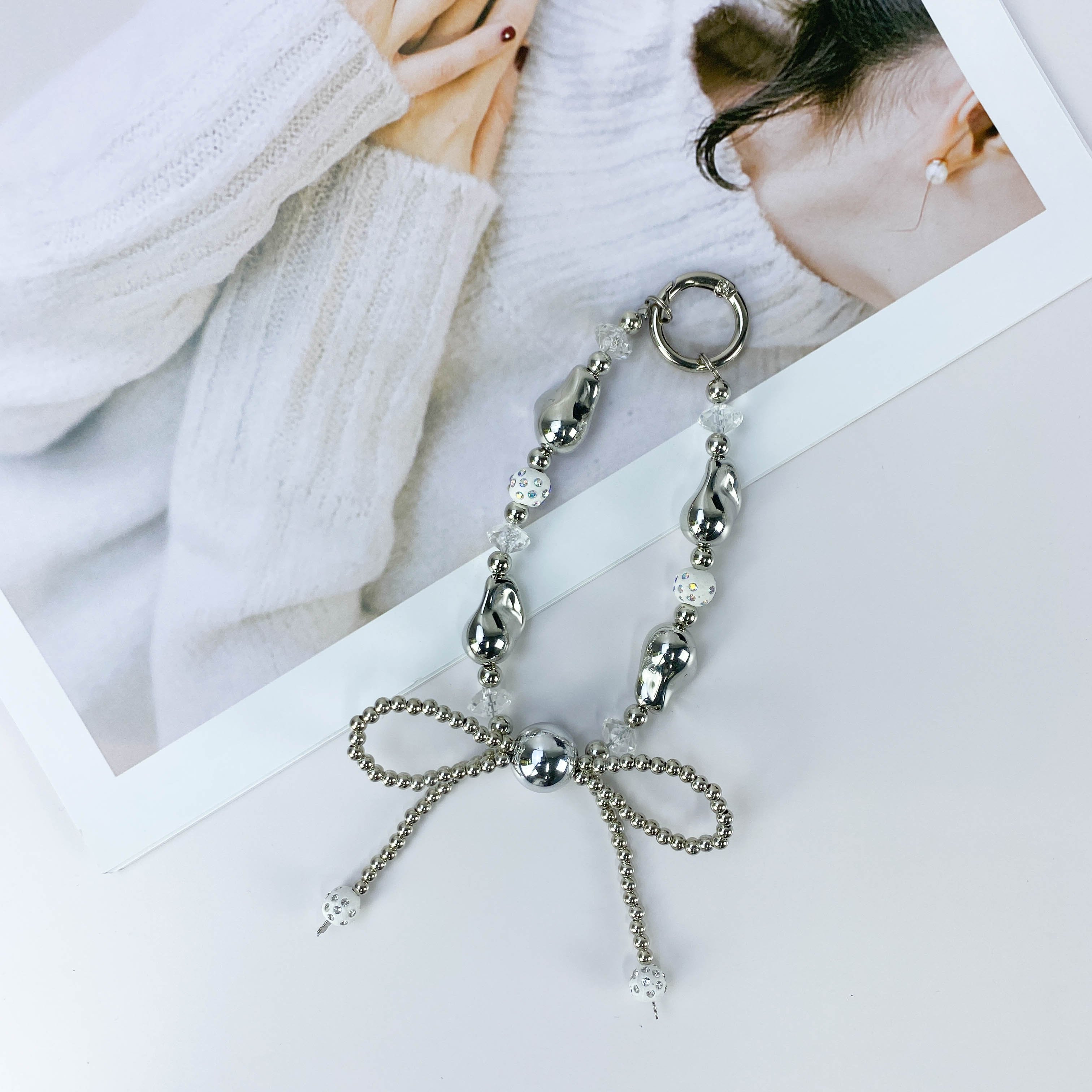 Sweet Silver Color Beads Bow Charm Baroque Phone Chain Cute Keychain Phone Case Lanyard Hands Phone Decorations