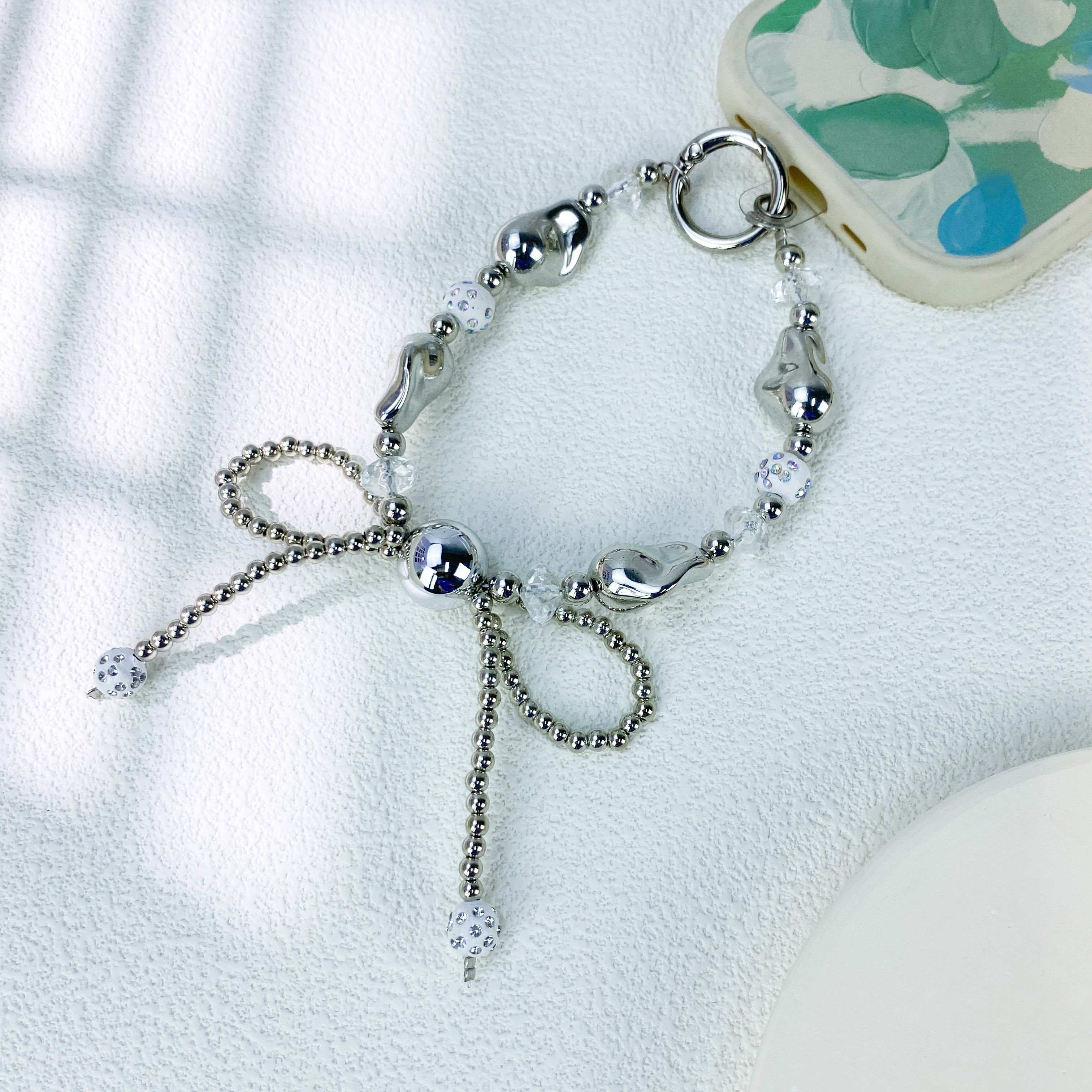 Sweet Silver Color Beads Bow Charm Baroque Phone Chain Cute Keychain Phone Case Lanyard Hands Phone Decorations