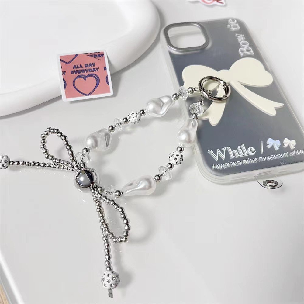 Sweet Silver Color Beads Bow Charm Baroque Phone Chain Cute Keychain Phone Case Lanyard Hands Phone Decorations