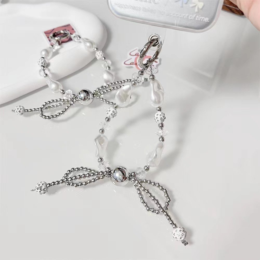 Sweet Silver Color Beads Bow Charm Baroque Phone Chain Cute Keychain Phone Case Lanyard Hands Phone Decorations