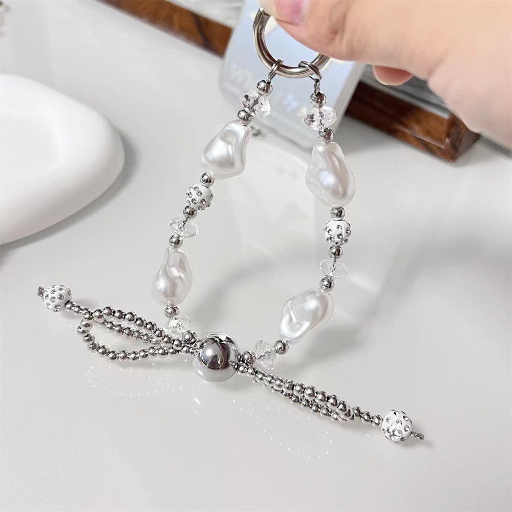 Sweet Silver Color Beads Bow Charm Baroque Phone Chain Cute Keychain Phone Case Lanyard Hands Phone Decorations