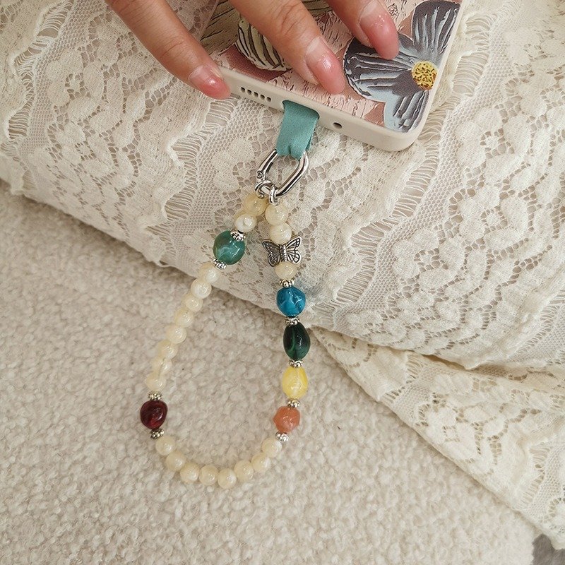 Cream Acrylic Beads Mobile Phone Crossbody Hanging Necklaces Cellphone Chain Accessories Phone Pendant Charm Strap Set
