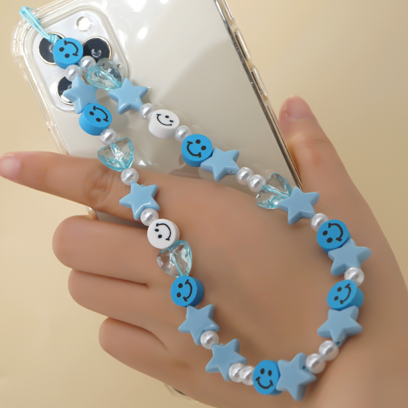 Handmade Colorful Polymer Clay Beads Smiley Face Wristband Chain Nylon Ladies' Mobile Phone Pendant Beaded Mobile Phone Lanyard