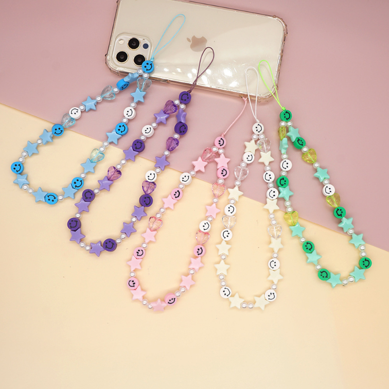 Handmade Colorful Polymer Clay Beads Smiley Face Wristband Chain Nylon Ladies' Mobile Phone Pendant Beaded Mobile Phone Lanyard