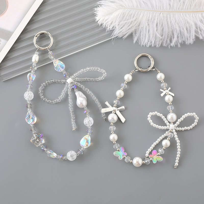 High Quality Phone Case With Hanging Chain Charm Phone Chain Beads Metal Bow Mobile Phone Chain Bracelet strap Keychain