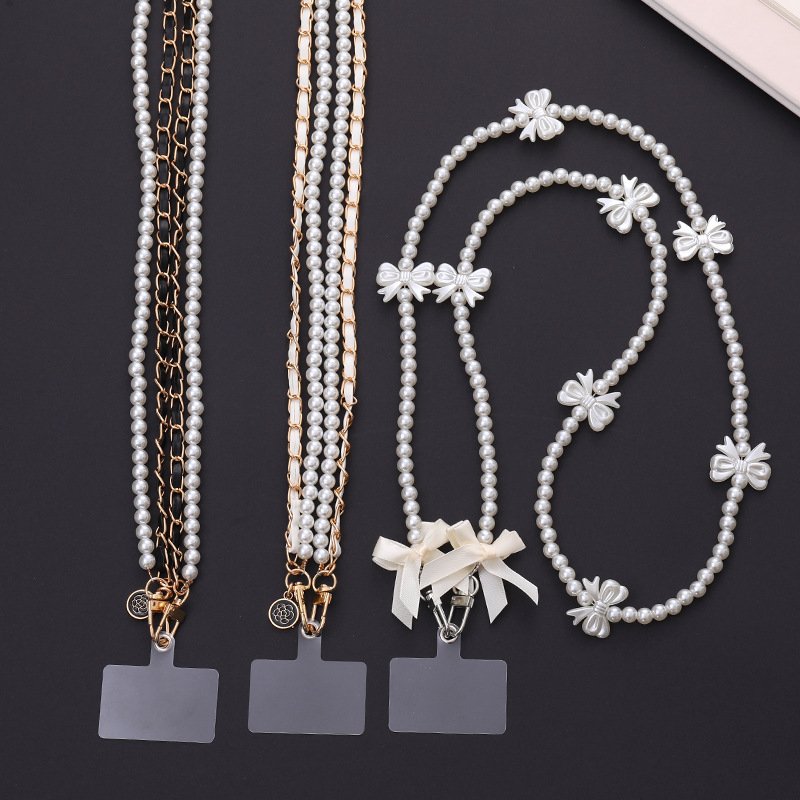 Trendy double-layer pearl bow phone case strap chain beaded charm wrist shoulder straps universal phone lanyard crossbody