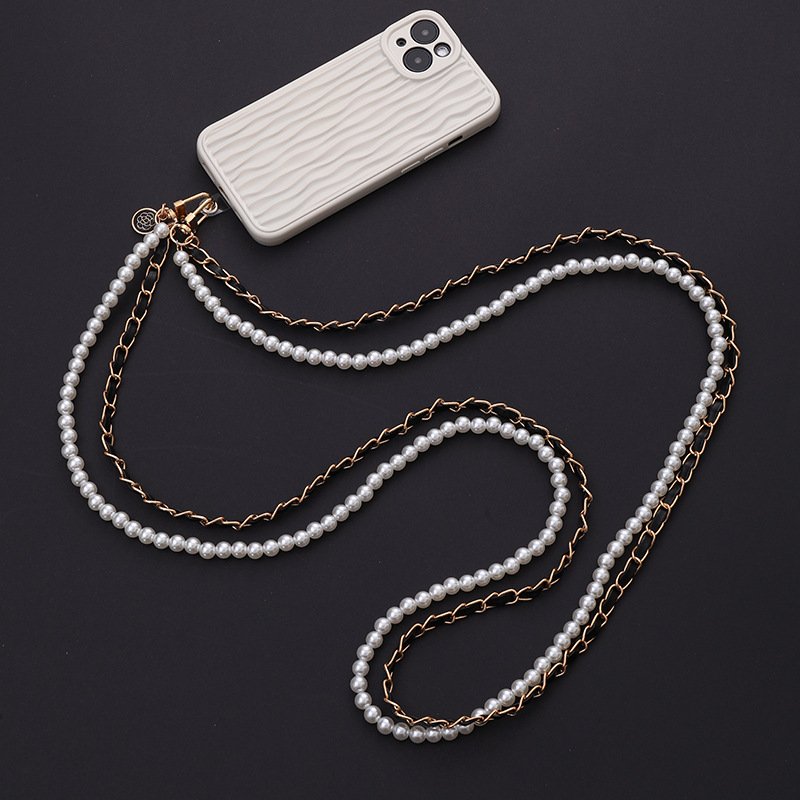 Trendy double-layer pearl bow phone case strap chain beaded charm wrist shoulder straps universal phone lanyard crossbody