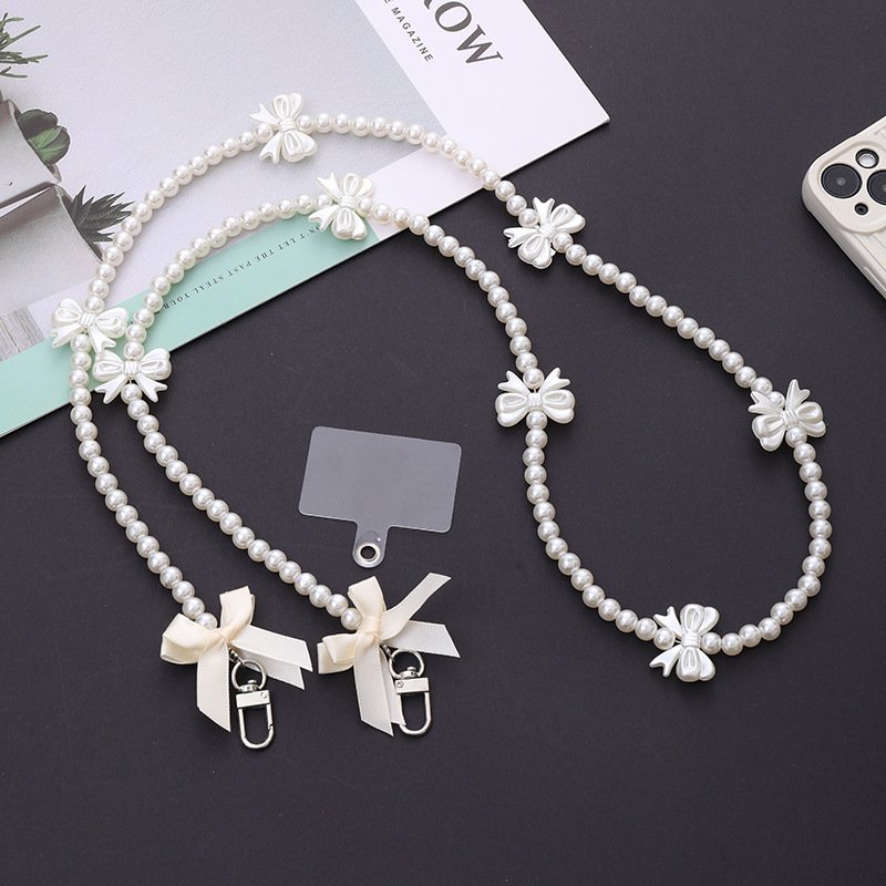 Trendy double-layer pearl bow phone case strap chain beaded charm wrist shoulder straps universal phone lanyard crossbody