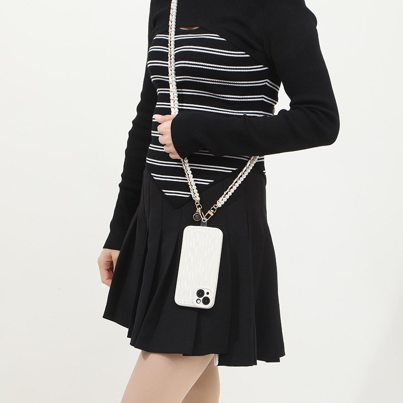 New Leather Mobile Phone Crossbody Necklace Accessories Bow Smartphone Shoulder Strap Beads Pearls Phone Chain Promotional Gift