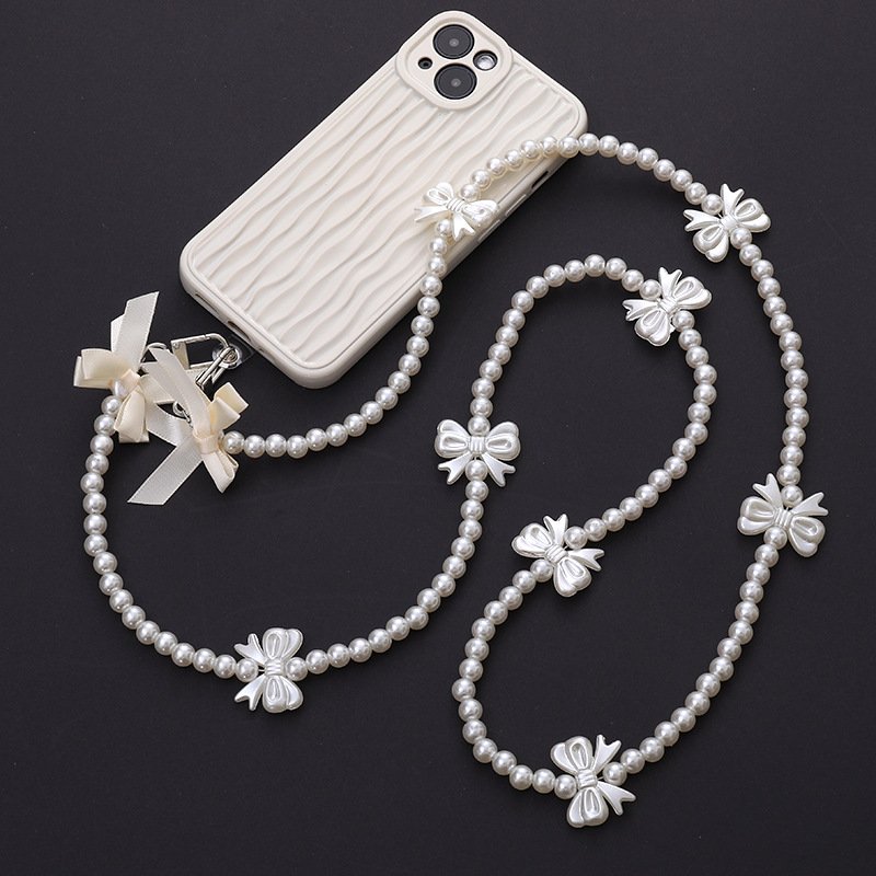 New Leather Mobile Phone Crossbody Necklace Accessories Bow Smartphone Shoulder Strap Beads Pearls Phone Chain Promotional Gift