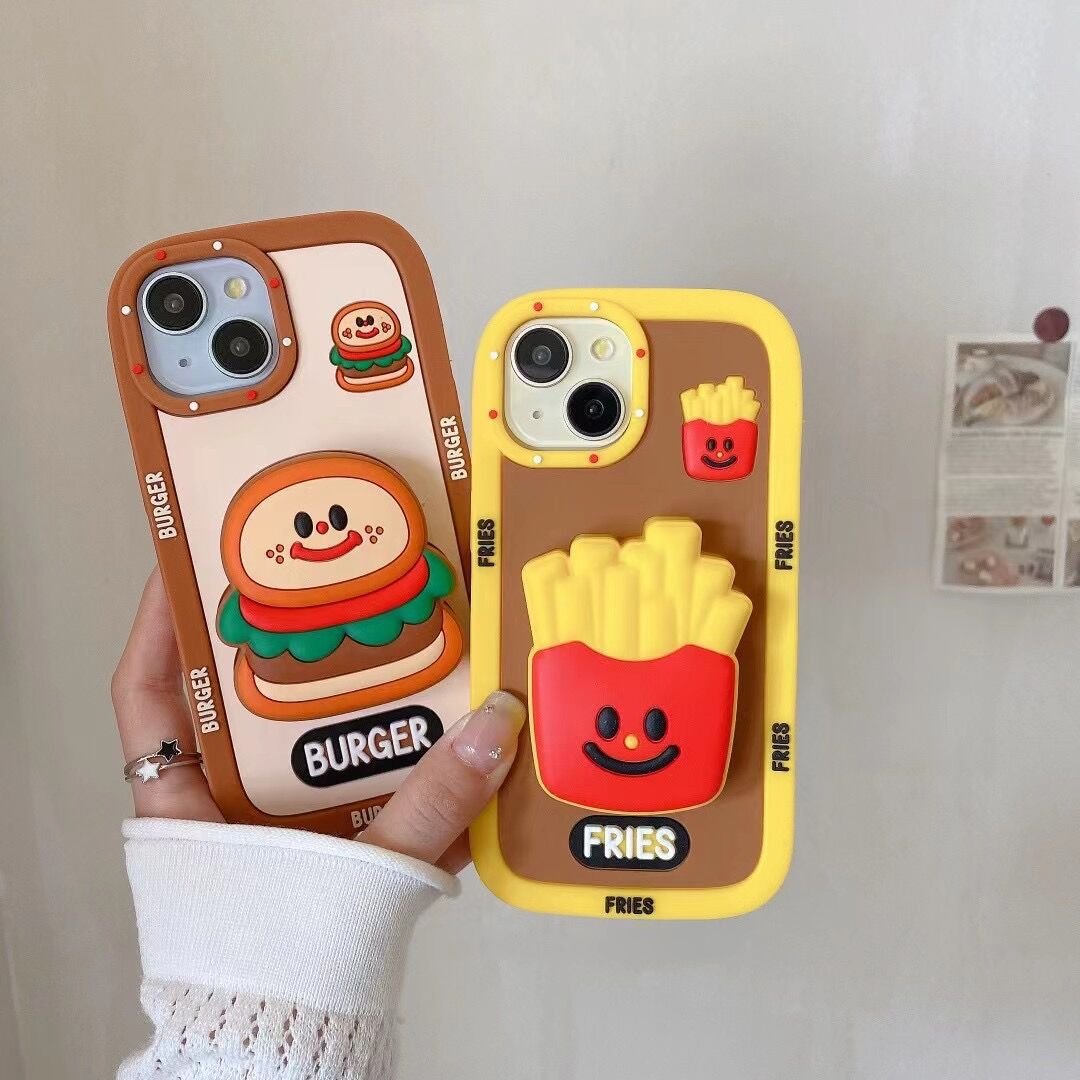 Cartoon Hamburg fries Phone Case For iphone 15 14 13 12 Pro Max i11 14pro 15promax 13ProMax Kids Soft Silicone Cover Fold holder