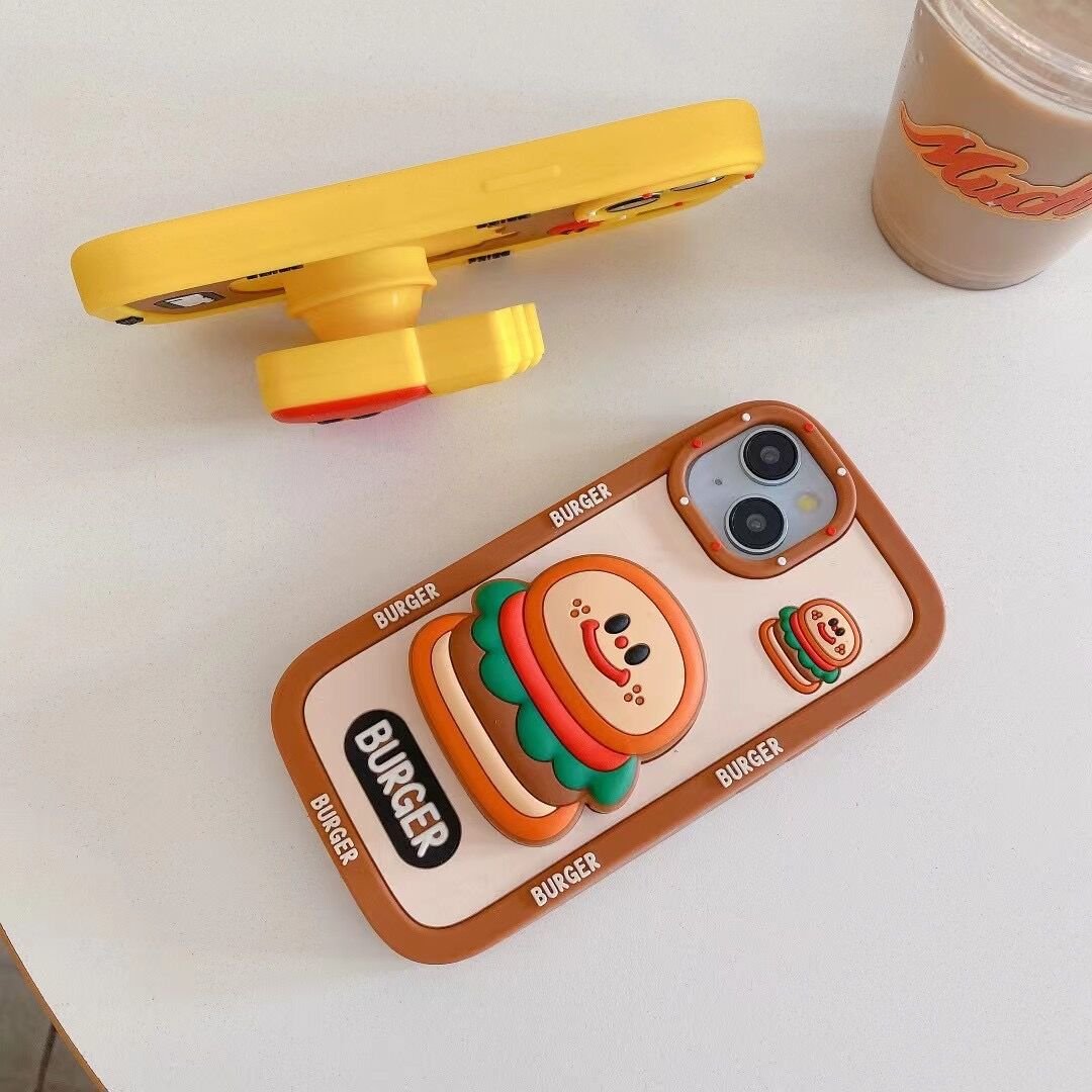 Cartoon Hamburg fries Phone Case For iphone 15 14 13 12 Pro Max i11 14pro 15promax 13ProMax Kids Soft Silicone Cover Fold holder