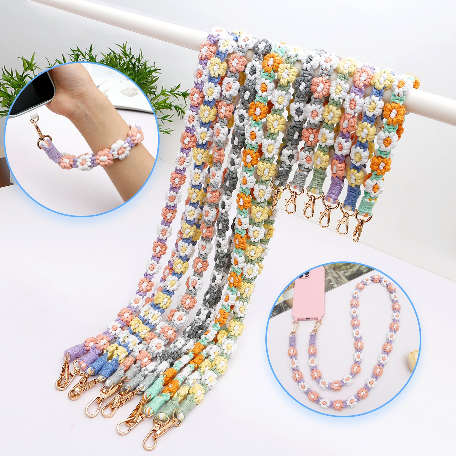 Boho Macrame Keychain Handmade Weave Crochet Wristlet Charm Crossbody Phone Case Shoulder Wrist Strap Lanyard with Tether Tab