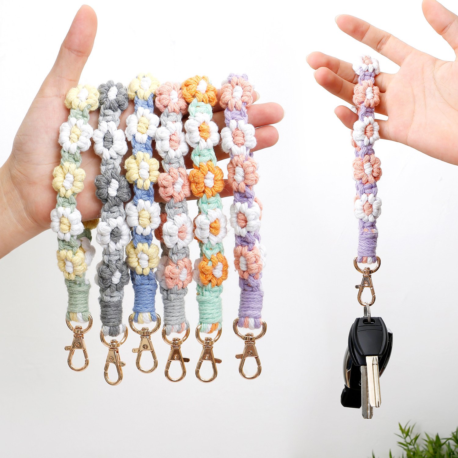 Boho Macrame Keychain Handmade Weave Crochet Wristlet Charm Crossbody Phone Case Shoulder Wrist Strap Lanyard with Tether Tab