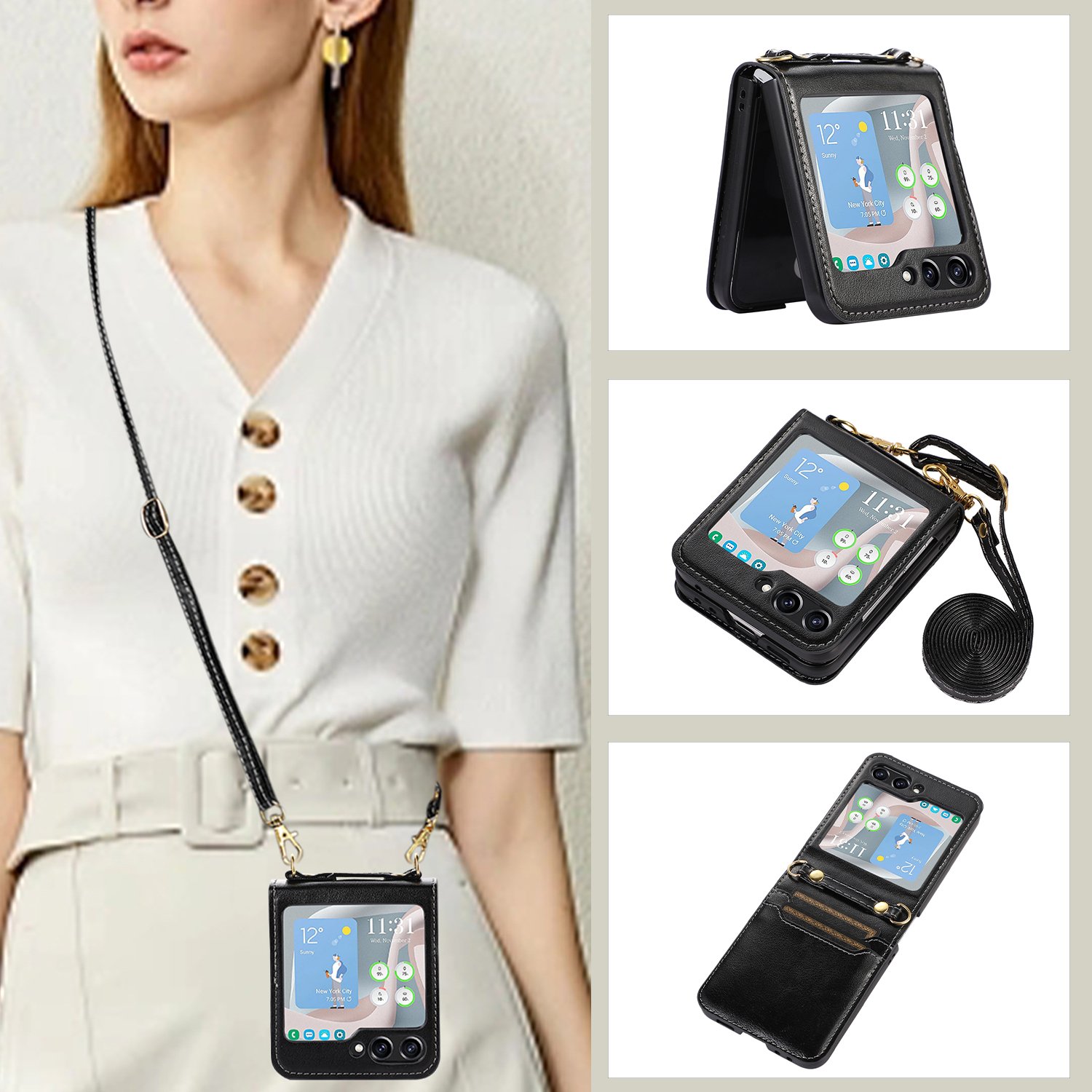 new arrival shoulder strap pu leather case for samsung Z flip 5 fold 5 credit card slot phone case for samsung z fold 4 z flip4
