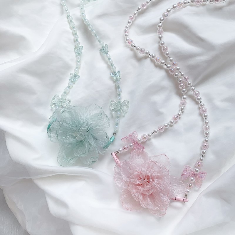 Mobile Phone Lanyard Hairball Pearl Chain Women's Crossbody Hanging Neck Back Chain Mesh Flower Back Clip Anti Loss Lanyard