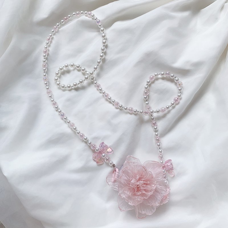 Mobile Phone Lanyard Hairball Pearl Chain Women's Crossbody Hanging Neck Back Chain Mesh Flower Back Clip Anti Loss Lanyard