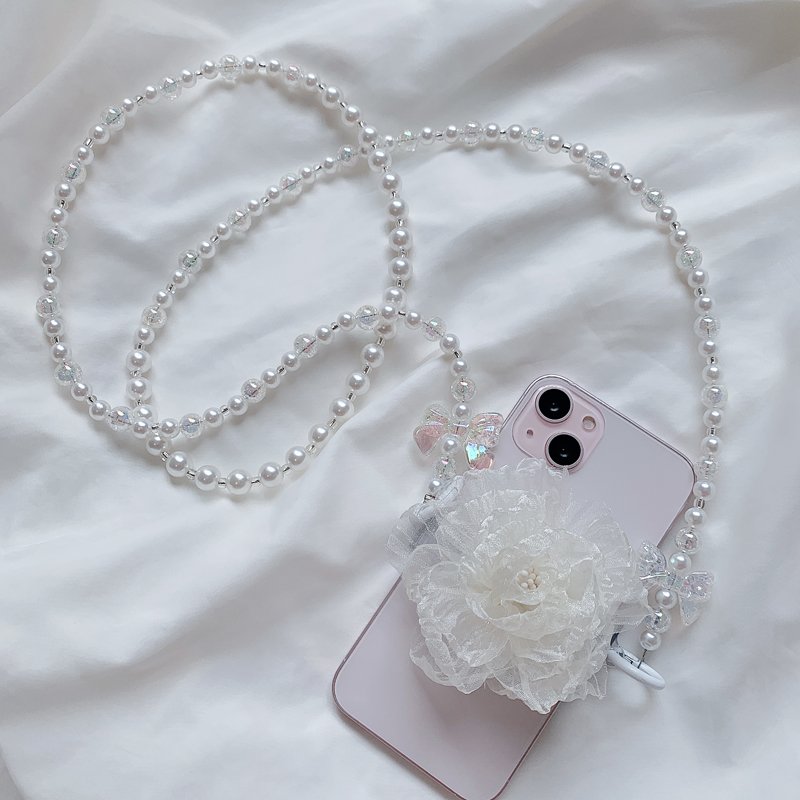 Mobile Phone Lanyard Hairball Pearl Chain Women's Crossbody Hanging Neck Back Chain Mesh Flower Back Clip Anti Loss Lanyard