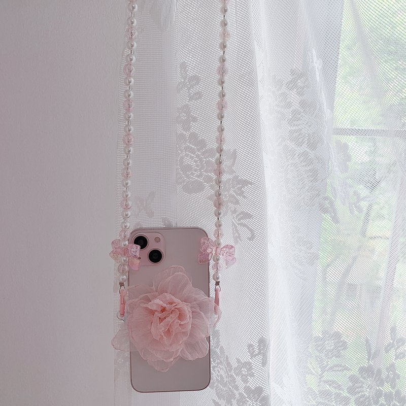 Mobile Phone Lanyard Hairball Pearl Chain Women's Crossbody Hanging Neck Back Chain Mesh Flower Back Clip Anti Loss Lanyard