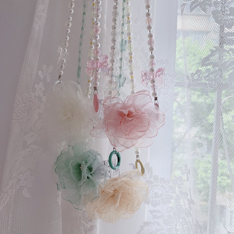 Mobile Phone Lanyard Hairball Pearl Chain Women's Crossbody Hanging Neck Back Chain Mesh Flower Back Clip Anti Loss Lanyard