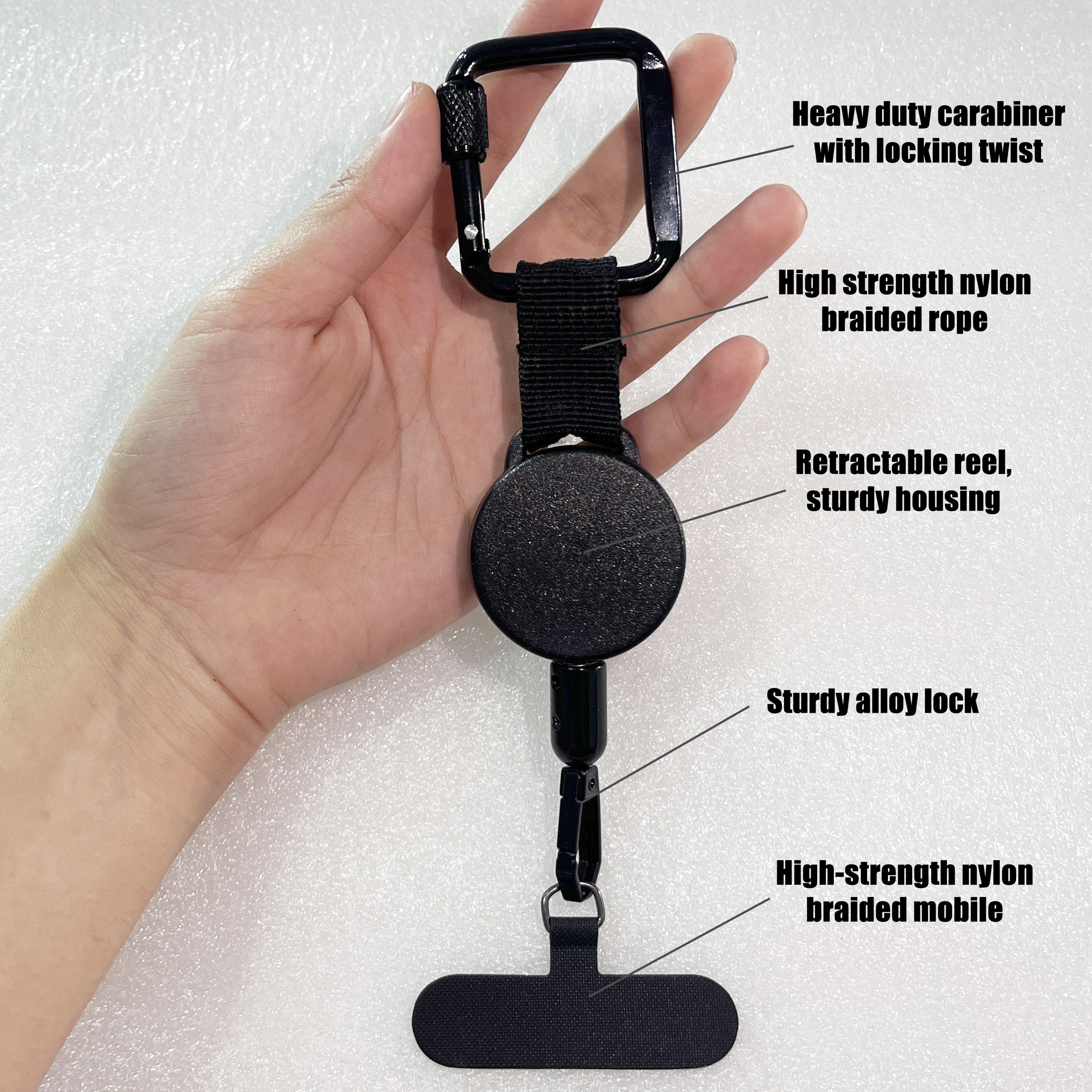 P-048 Black Plastic Badge Holder Retractable key clip with Heavy Duty Carabiner to Hang Your Phone