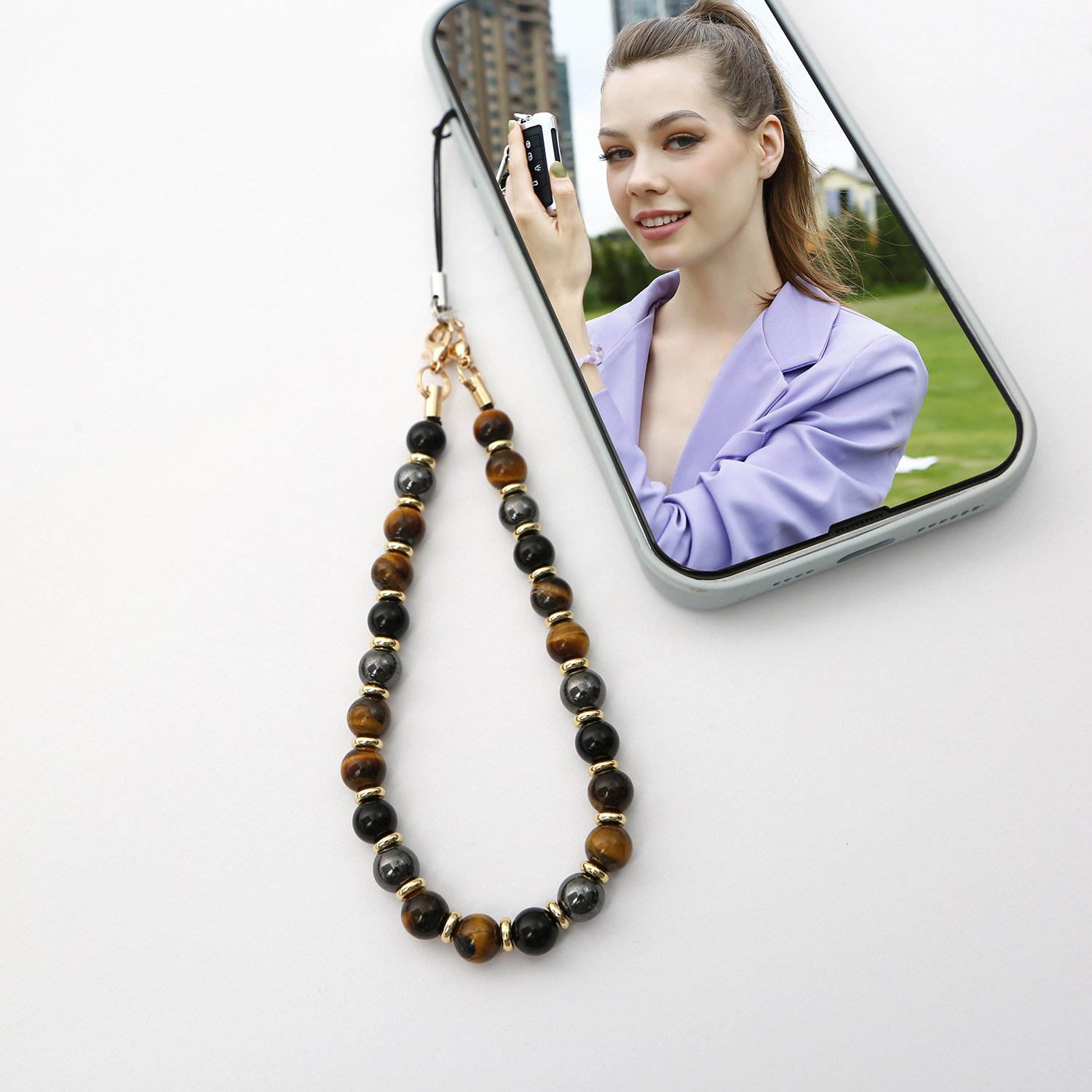 New amethyst obsidian beads cell phone lanyard Tiger Eye Rose Quartz natural stone cell phone chain natural crystal accessories