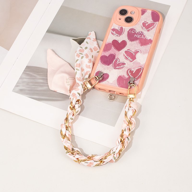 Custom printed silk scarf bag decorative drop resistant phone chain Gold and silver chain bag accessories wallet phone case