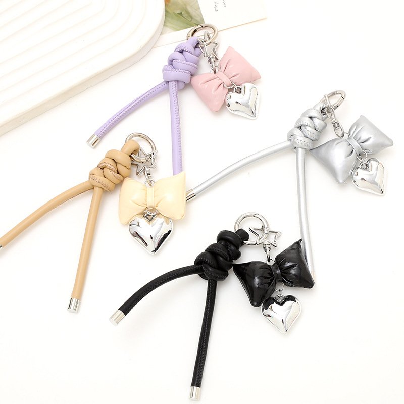 Wholesale Design Leather Heart Bow Keychain Cute Heart bag purse mobile phone Case straps charms accessories Pendant Decoration
