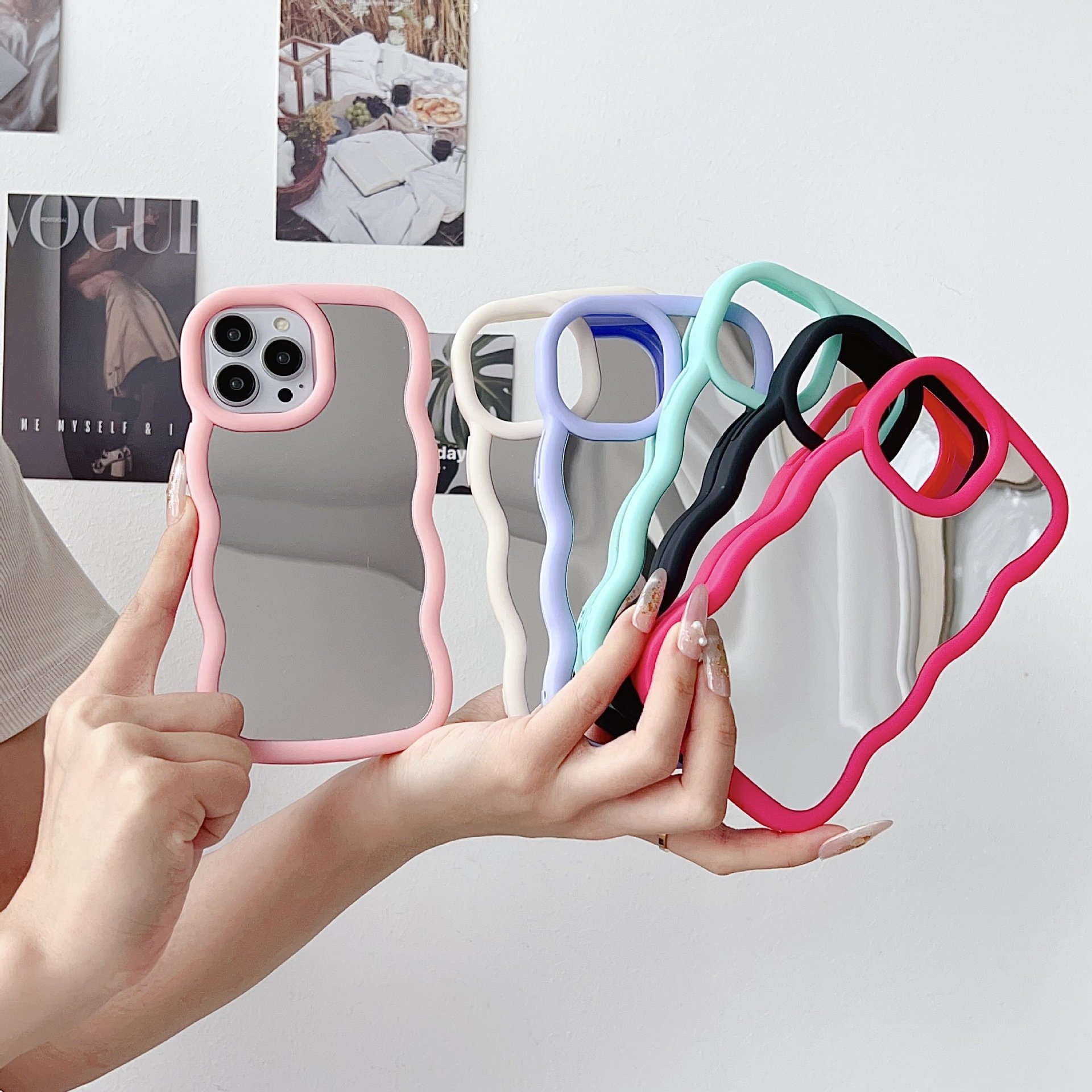 Ins style Big Wave Frame Cute Makeup Mirror Full Cover Protective Case For iPhone XR XS 6 7 8 15 14 13 12 11 Pro Max Phone Case