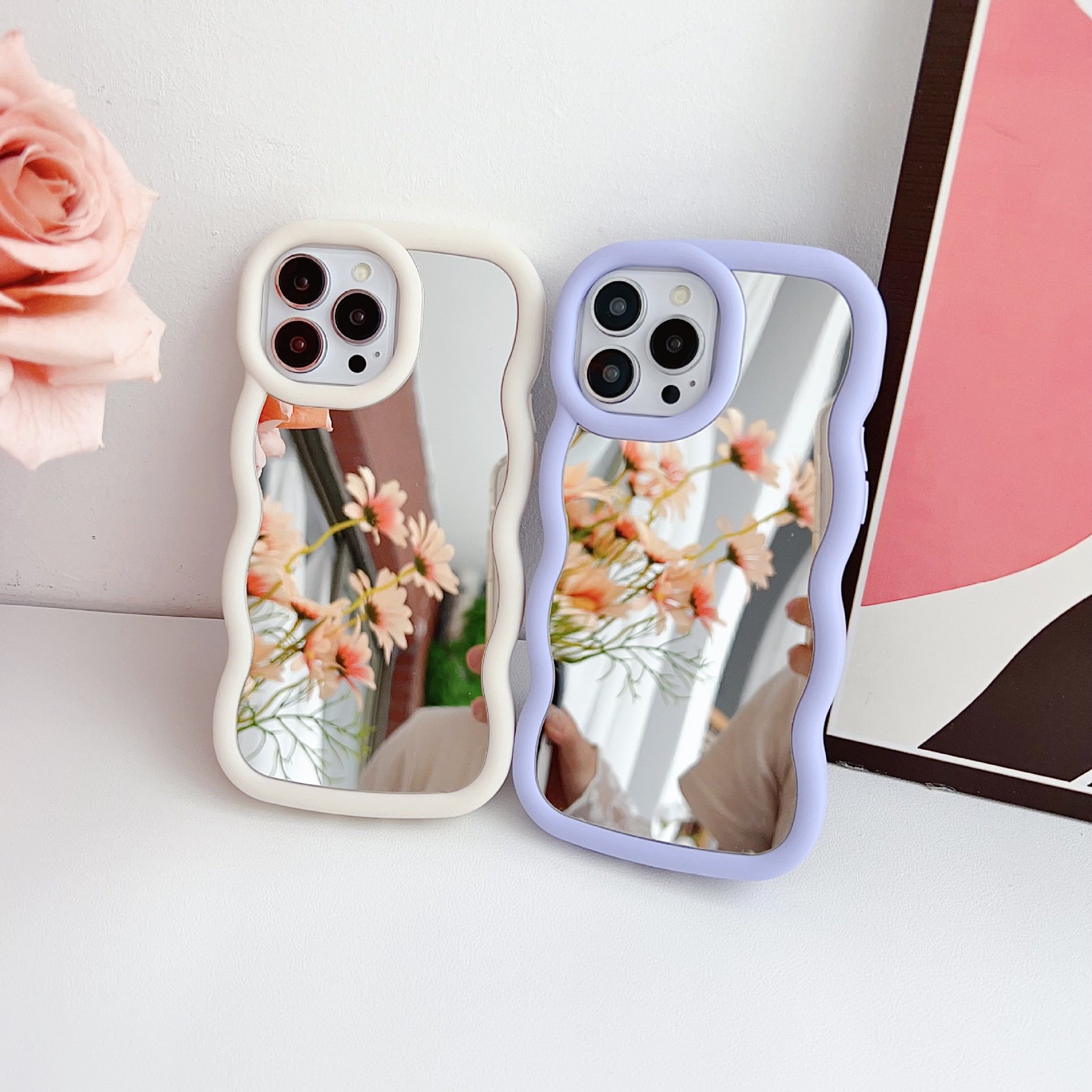 Ins style Big Wave Frame Cute Makeup Mirror Full Cover Protective Case For iPhone XR XS 6 7 8 15 14 13 12 11 Pro Max Phone Case