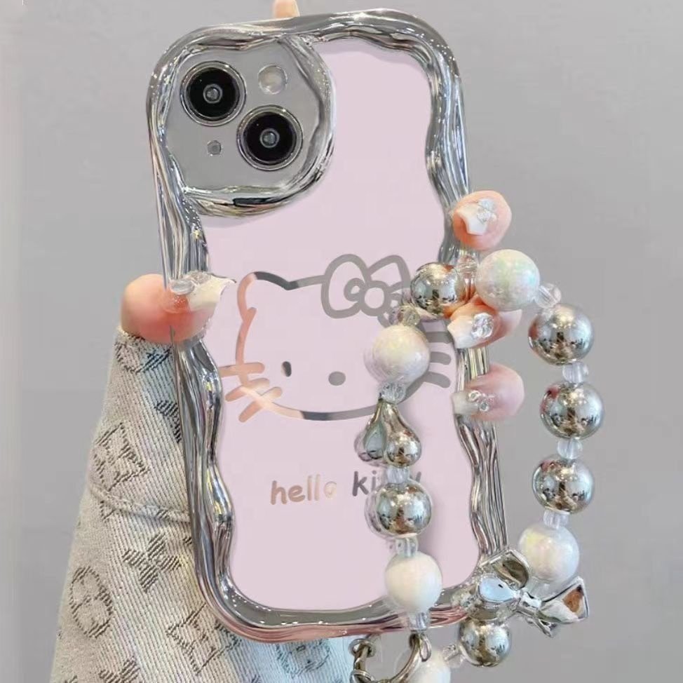 Hello Cute Kitty KT Cat Bracelet Drop-proof Electroplating Silver Curved Edge For iPhone 13 15 14 promax 12 11 XR Phone Case