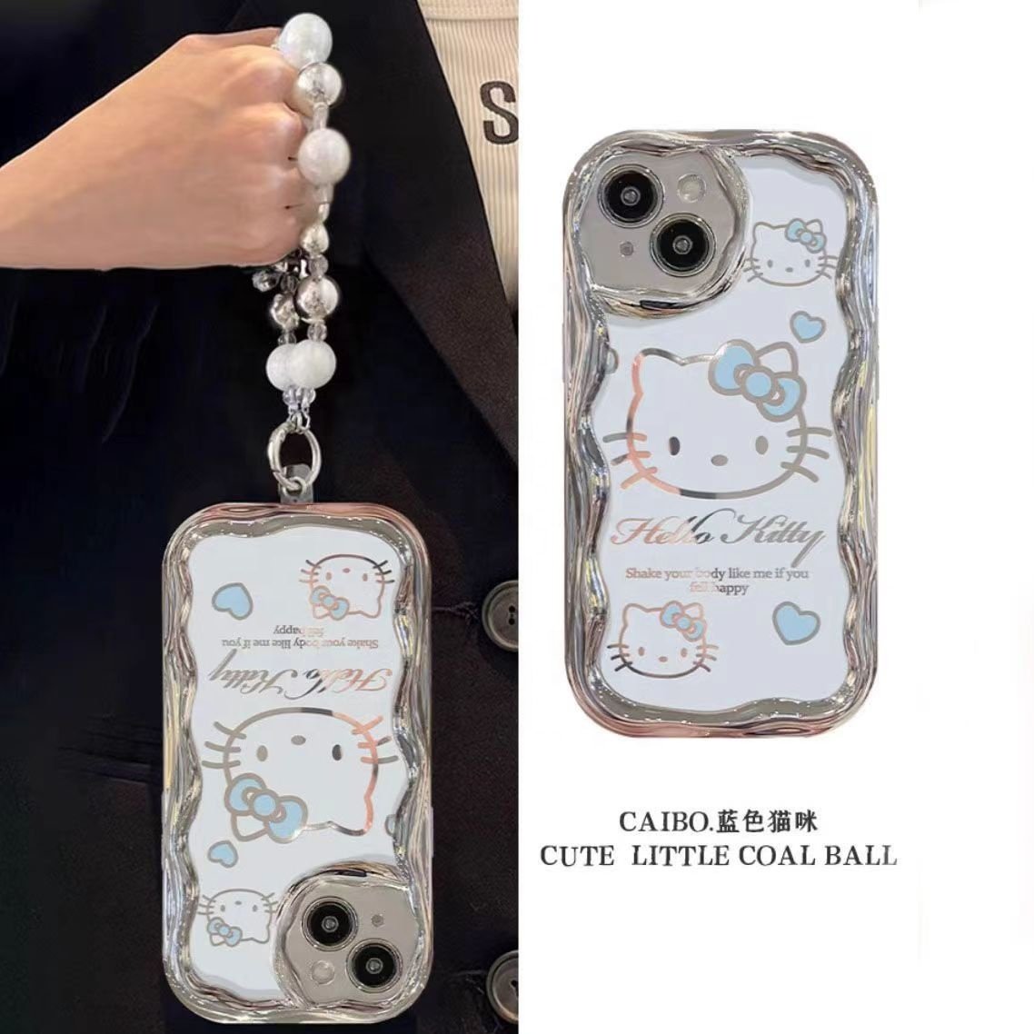 Hello Cute Kitty KT Cat Bracelet Drop-proof Electroplating Silver Curved Edge For iPhone 13 15 14 promax 12 11 XR Phone Case